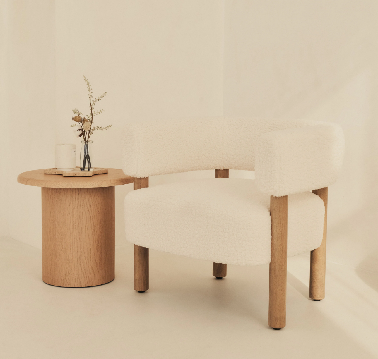 Cara Boucle Accent Chair Ivory & Warm Wood