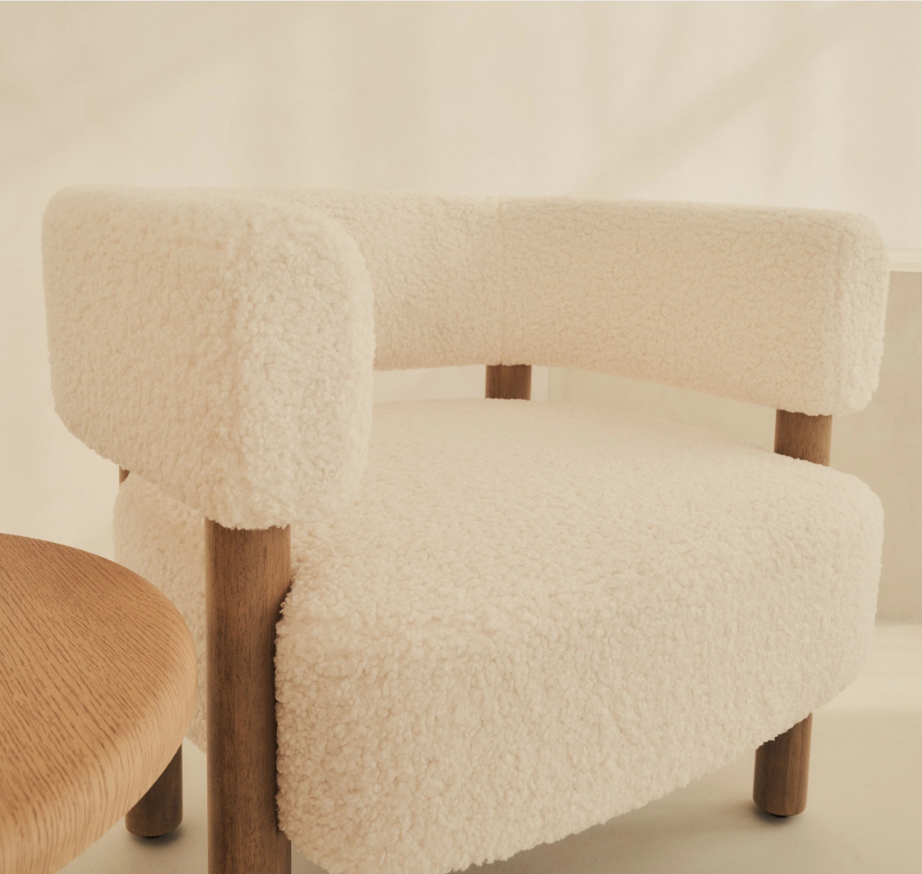 Cara Boucle Accent Chair Ivory & Warm Wood